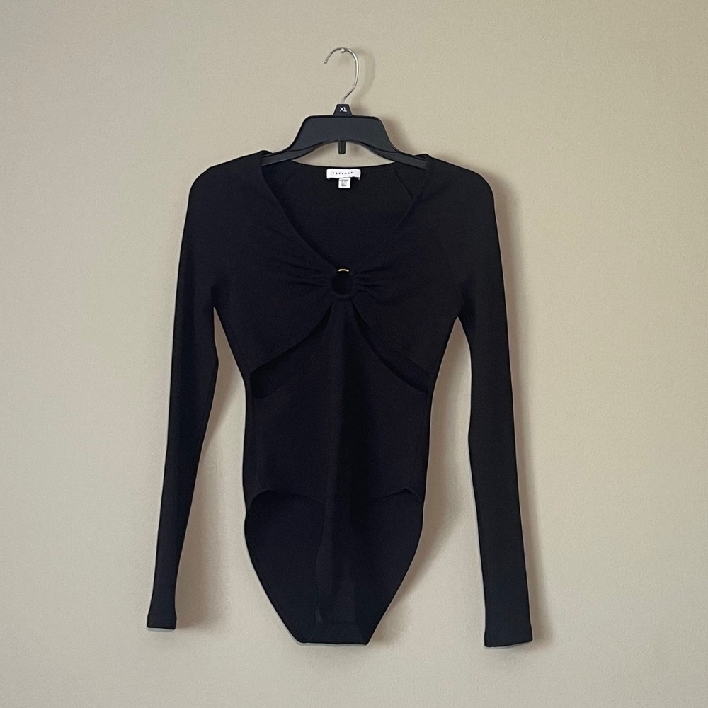 TOPSHOP Black Ribbed‎ Cutout Ring Detail Long Sleeve Bodysuit US Size 4-6